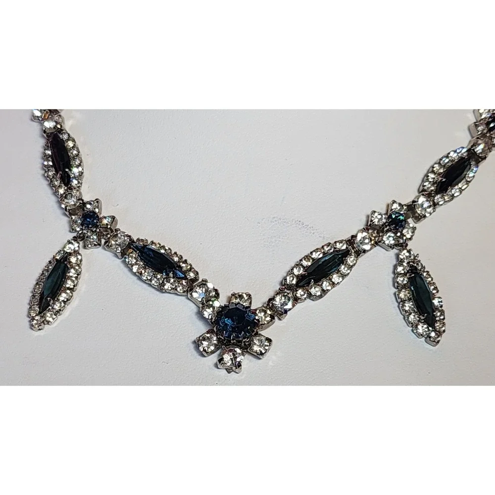 Vtg Kramer of New York Blue Rhinestone Choker Necklace Silver Tone MCM Retro